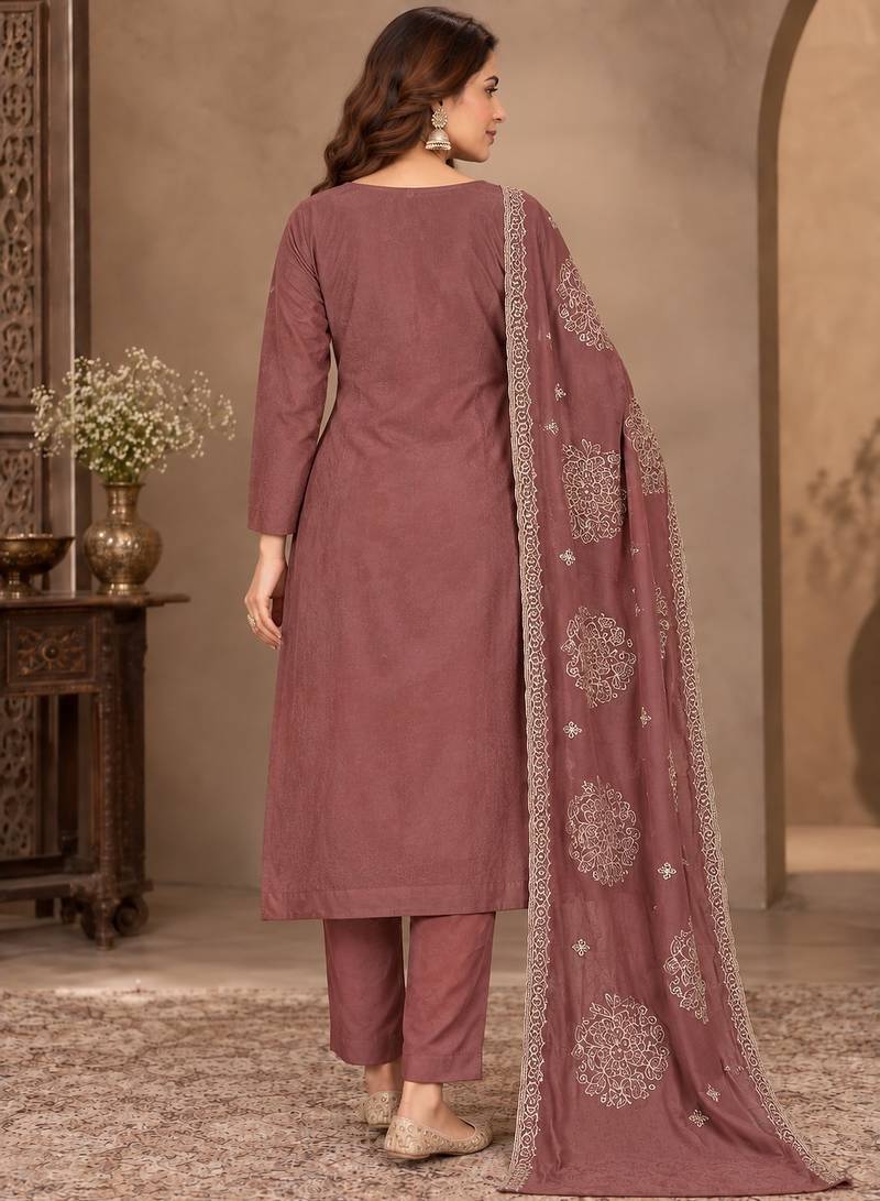 Brown viscose semi stitched suit with embroidery & sequence work