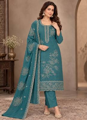 Teal  viscose semi stitched suit with embroidery & sequence work 1