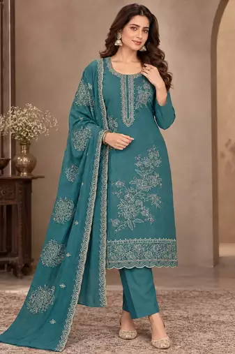Teal  viscose semi stitched suit with embroidery & sequence work