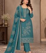 Teal  viscose semi stitched suit with embroidery & sequence work