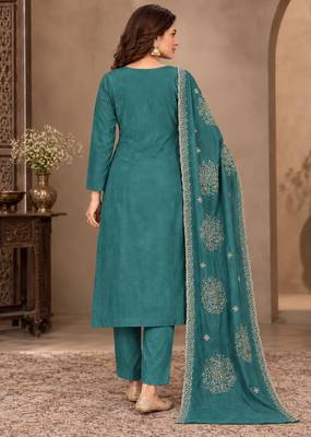 Teal  viscose semi stitched suit with embroidery & sequence work 2