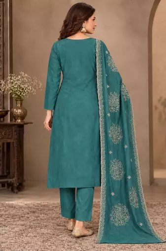 Teal  viscose semi stitched suit with embroidery & sequence work