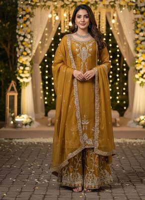 Golden mustard silk blend embroidered palazzo suit set 1