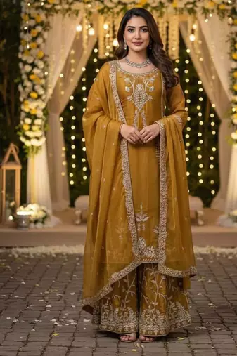 Golden mustard silk blend embroidered palazzo suit set
