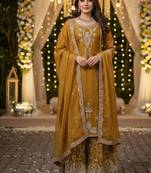 Golden mustard silk blend embroidered palazzo suit set