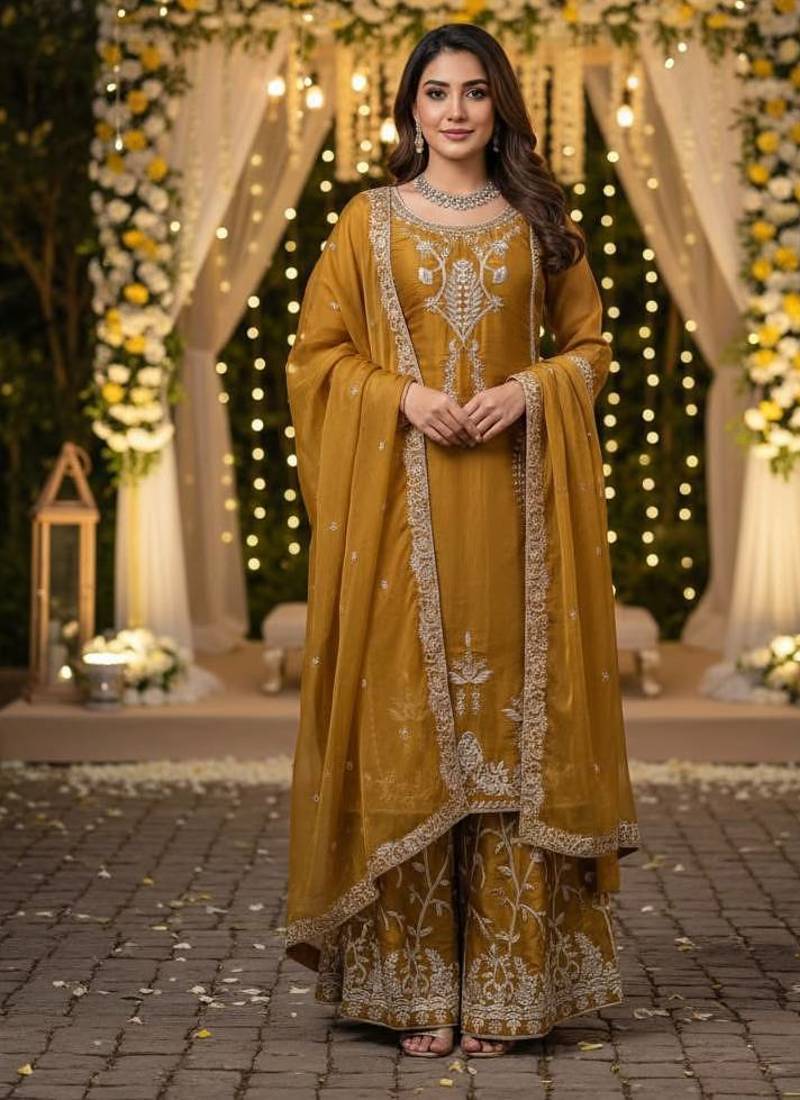 Golden mustard silk blend embroidered palazzo suit set