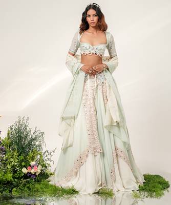 Cruise Blue And Ivory Embroidered Organza Cotton Lehenga Set 1