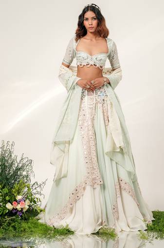 Cruise Blue And Ivory Embroidered Organza Cotton Lehenga Set