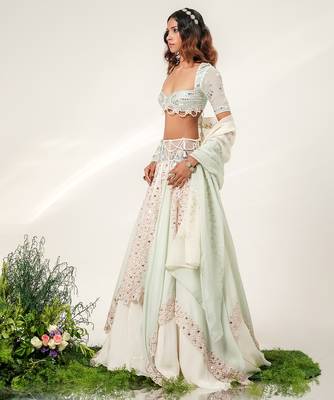 Cruise Blue And Ivory Embroidered Organza Cotton Lehenga Set 2