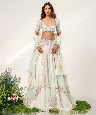 Cruise Blue And Ivory Embroidered Organza Cotton Lehenga Set 3