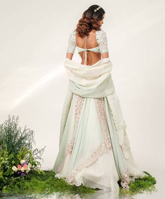 Cruise Blue And Ivory Embroidered Organza Cotton Lehenga Set 4