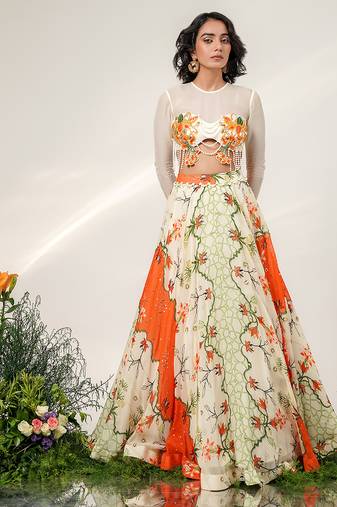 Ivory And Tangerine Orange Printed Organza Cotton Lehenga Set