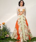 Ivory And Tangerine Orange Printed Organza Cotton Lehenga Set