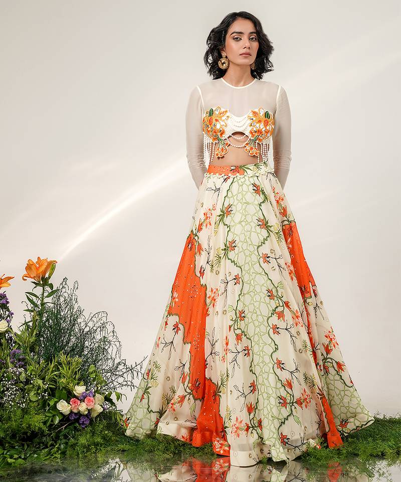 Ivory And Tangerine Orange Printed Organza Cotton Lehenga Set