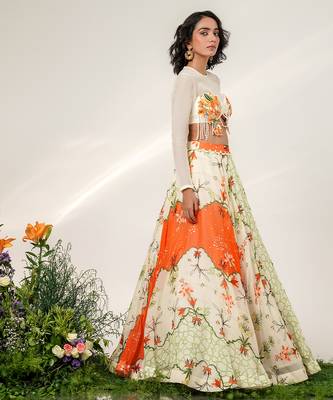 Ivory And Tangerine Orange Printed Organza Cotton Lehenga Set 2