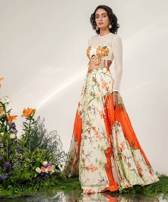 Ivory And Tangerine Orange Printed Organza Cotton Lehenga Set 3