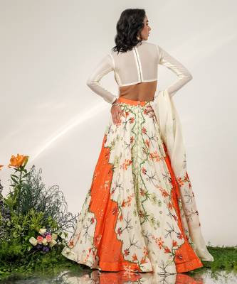 Ivory And Tangerine Orange Printed Organza Cotton Lehenga Set 4