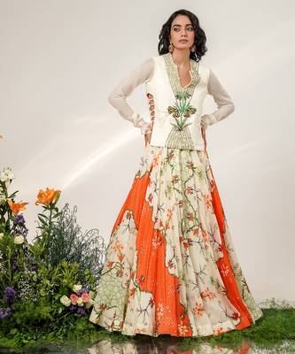 Ivory And Tangerine Orange Embroidered Organza Crepe Lehenga Set 1