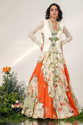 Ivory And Tangerine Orange Embroidered Organza Crepe Lehenga Set