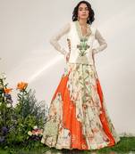 Ivory And Tangerine Orange Embroidered Organza Crepe Lehenga Set