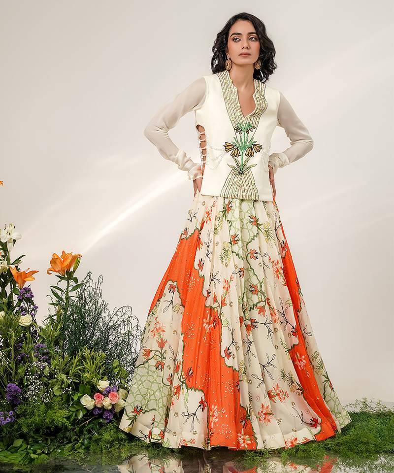 Ivory And Tangerine Orange Embroidered Organza Crepe Lehenga Set