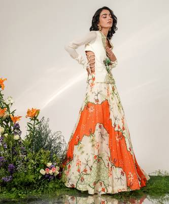 Ivory And Tangerine Orange Embroidered Organza Crepe Lehenga Set 3