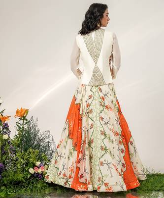 Ivory And Tangerine Orange Embroidered Organza Crepe Lehenga Set 4