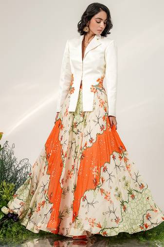 Ivory And Tangerine Orange Embroidered Organza And Nysha Silk Blazer Lehenga Set