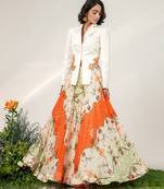 Ivory And Tangerine Orange Embroidered Organza And Nysha Silk Blazer Lehenga Set