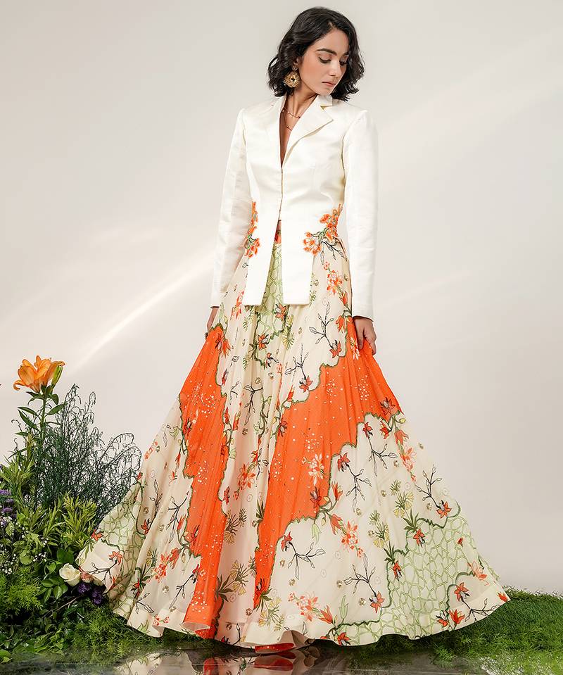 Ivory And Tangerine Orange Embroidered Organza And Nysha Silk Blazer Lehenga Set