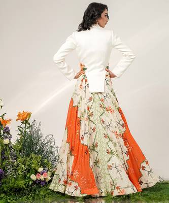 Ivory And Tangerine Orange Embroidered Organza And Nysha Silk Blazer Lehenga Set 2