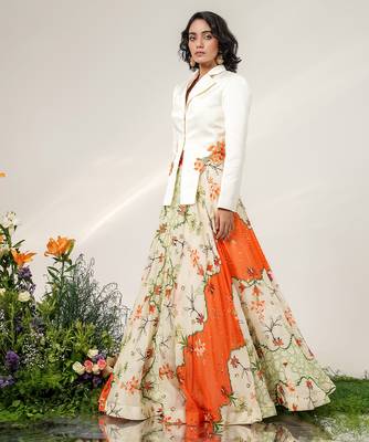 Ivory And Tangerine Orange Embroidered Organza And Nysha Silk Blazer Lehenga Set 3