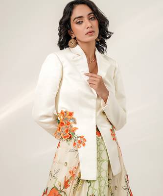 Ivory And Tangerine Orange Embroidered Organza And Nysha Silk Blazer Lehenga Set 4