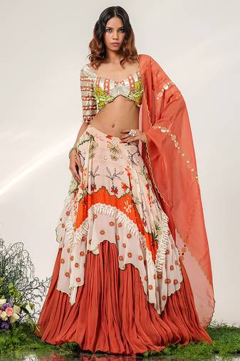 Ivory And Rust Orange Embroidered Organza Cotton Lehenga Set