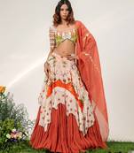 Ivory And Rust Orange Embroidered Organza Cotton Lehenga Set