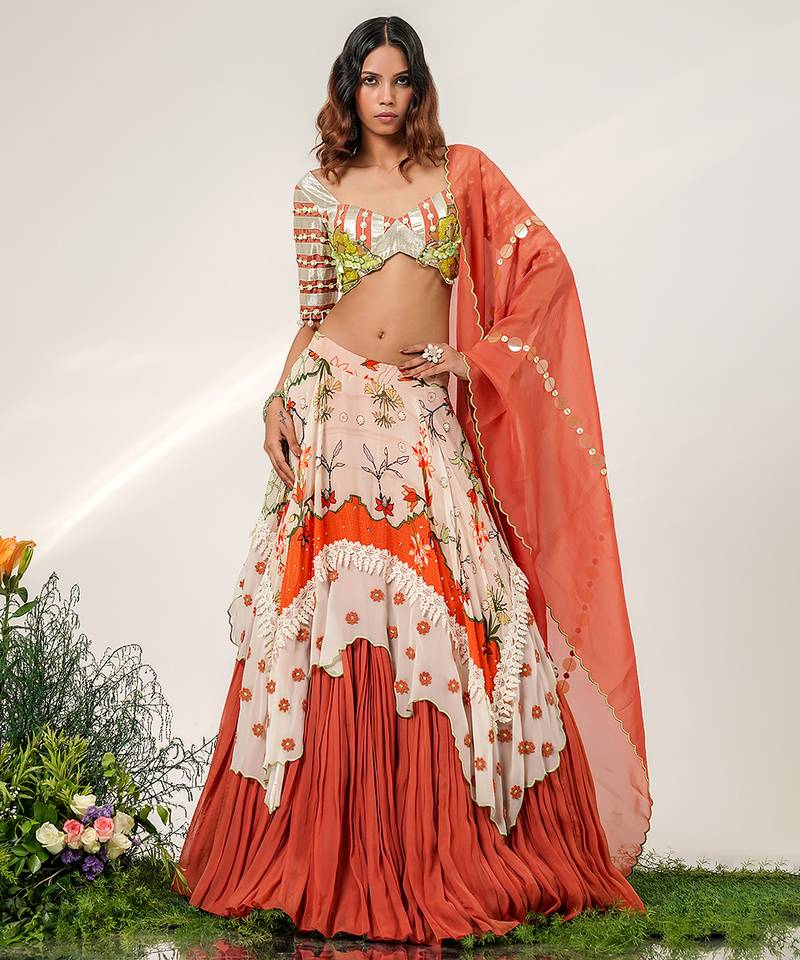 Ivory And Rust Orange Embroidered Organza Cotton Lehenga Set