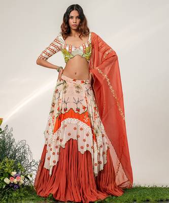Ivory And Rust Orange Embroidered Organza Cotton Lehenga Set 2