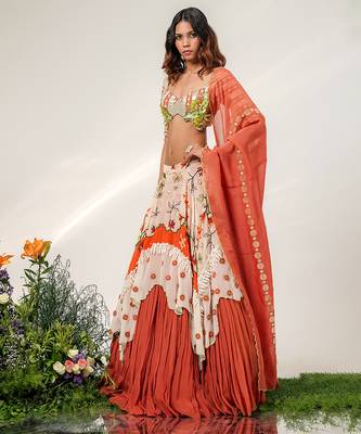 Ivory And Rust Orange Embroidered Organza Cotton Lehenga Set 3