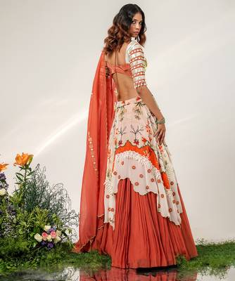 Ivory And Rust Orange Embroidered Organza Cotton Lehenga Set 4