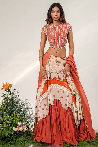Ivory And Rust Orange Embroidered Organza Cotton Corset Lehenga Set