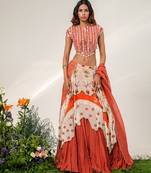 Ivory And Rust Orange Embroidered Organza Cotton Corset Lehenga Set