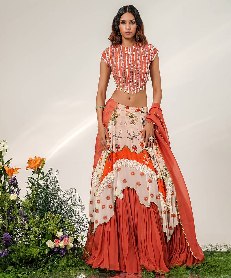 Ivory And Rust Orange Embroidered Organza Cotton Corset Lehenga Set