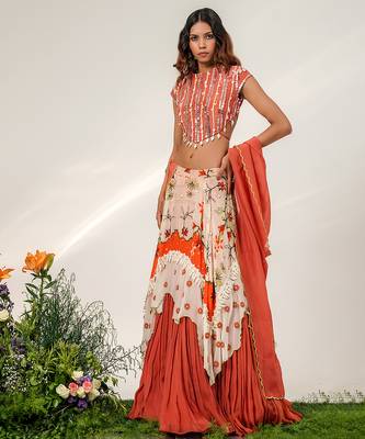Ivory And Rust Orange Embroidered Organza Cotton Corset Lehenga Set 3