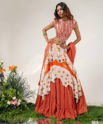 Ivory And Rust Orange Embroidered Organza Cotton Corset Lehenga Set 4