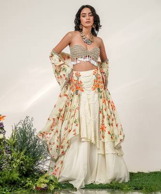 Ivory Gold Embroidered Organza Georgette Lehenga Set 1