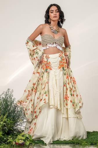 Ivory Gold Embroidered Organza Georgette Lehenga Set