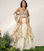 Ivory Gold Embroidered Organza Georgette Lehenga Set