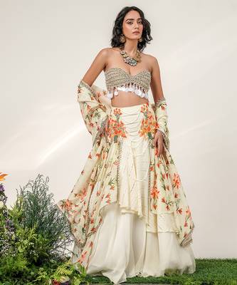 Ivory Gold Embroidered Organza Georgette Lehenga Set 2