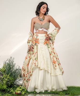 Ivory Gold Embroidered Organza Georgette Lehenga Set 3