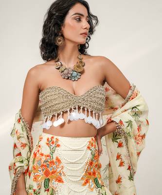 Ivory Gold Embroidered Organza Georgette Lehenga Set 4
